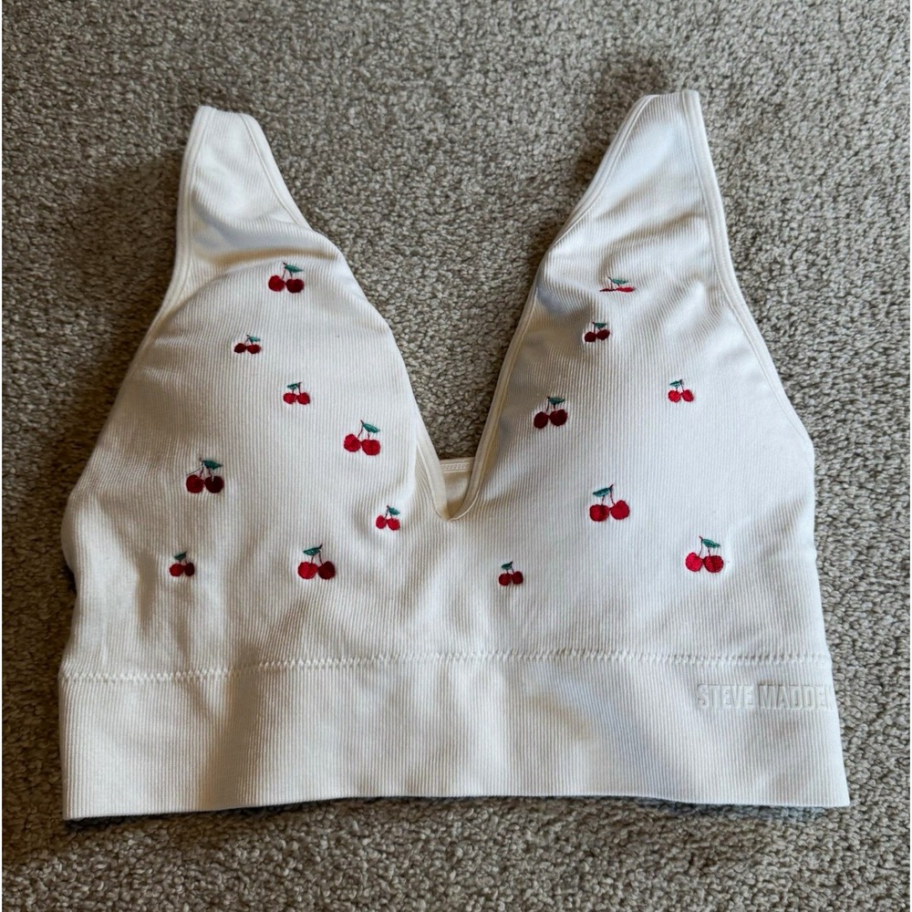 Steve Madden Wireless Pullover Bralette Bra XL Ribbed Cherry Print White